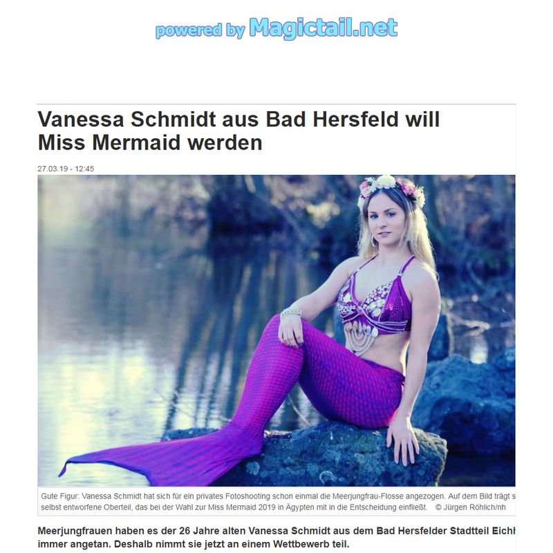 Gute Figur: Vanessa Schmidt hat sich fr ein privates Fotoshooting schon einmal die Meerjungfrau-Flosse angezogen. Auf dem Bild trgt sie auch das von ihr selbst entworfene Oberteil, das bei der Wahl zur Miss Mermaid 2019 in gypten mit in die Entscheidung einfliet.